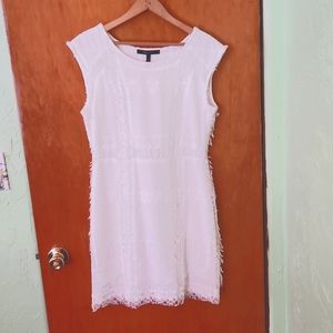 BCBGMAXAZRIA size 08, white gauze, lace-like pattern with some fringe mini dress